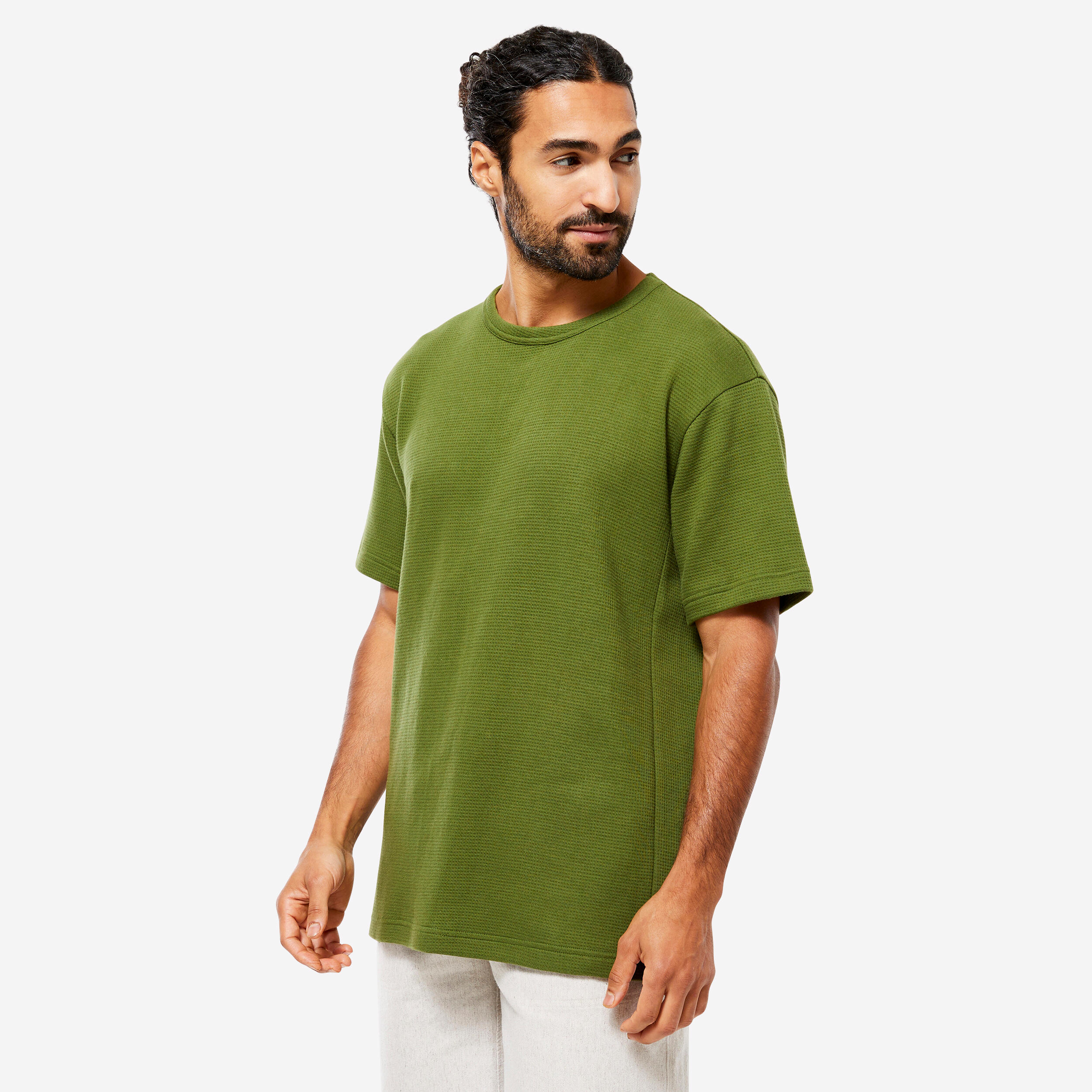 KIMJALY Men's Yoga Organic Cotton Short-Sleeved Waffle T-Shirt - Green