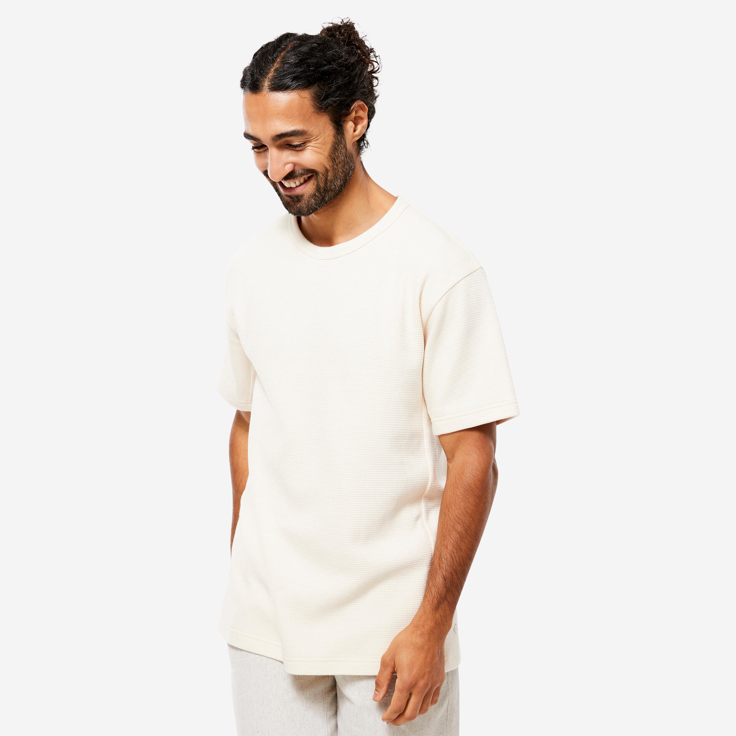 KIMJALY Men's Yoga Organic Cotton Short-Sleeved Waffle T-Shirt - Beige