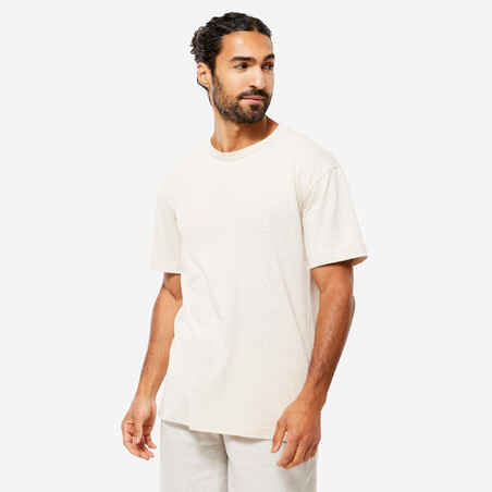 Majica kratkih rukava za jogu od organskog pamuka i lana muška bež