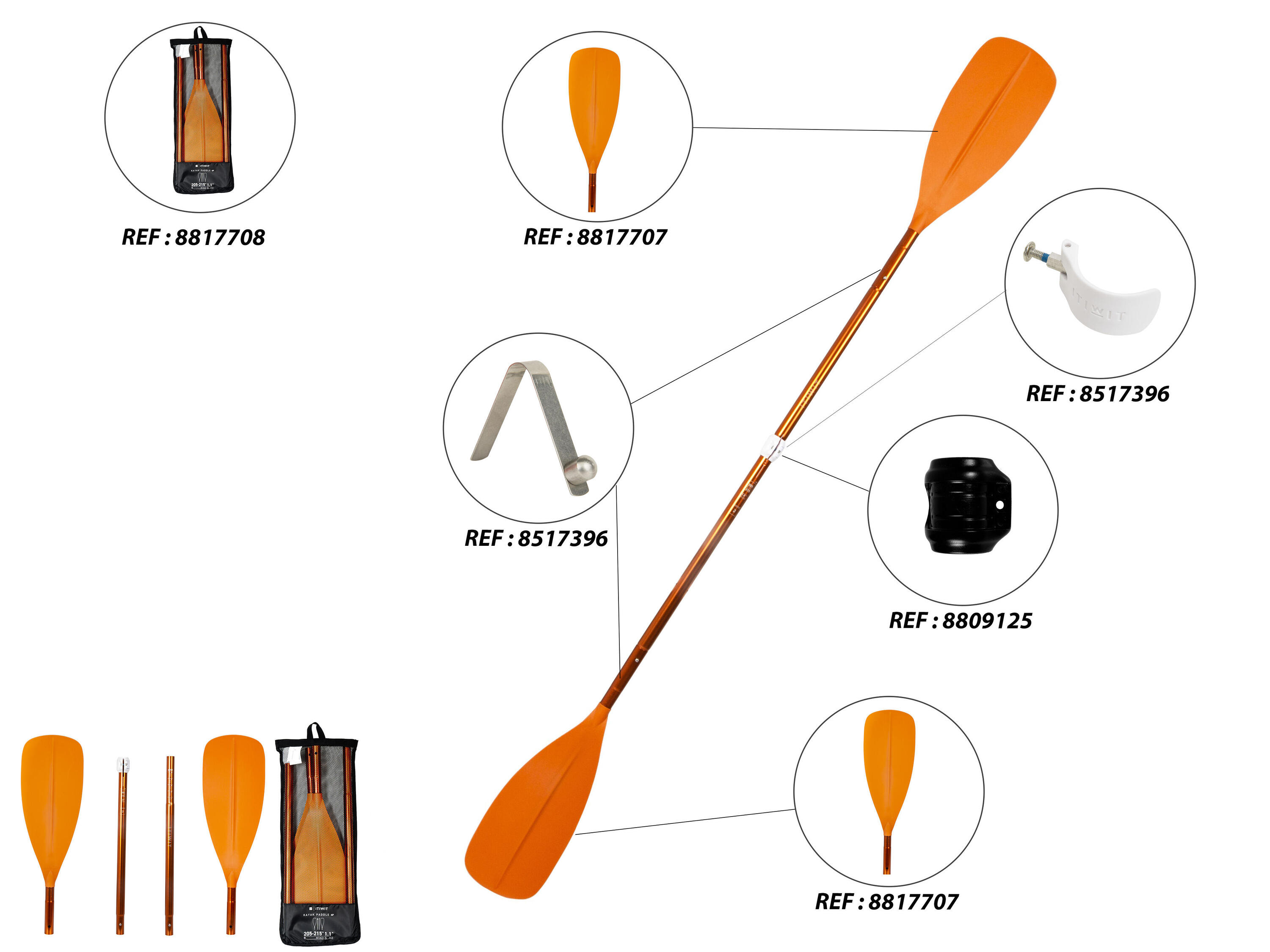 Pagaia de kayak/packraft simétrica desmontável regulável 4 partes 205-215cm 6/20