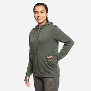 Women Warm Hooded Running Jacket 500 - Dark Green