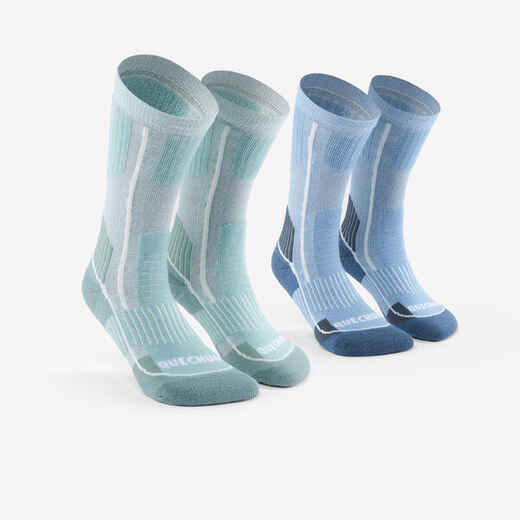 
      Čarape za planinarenje po snijegu SH500 srednje visoke dječje 2 para plavo-zelene
  