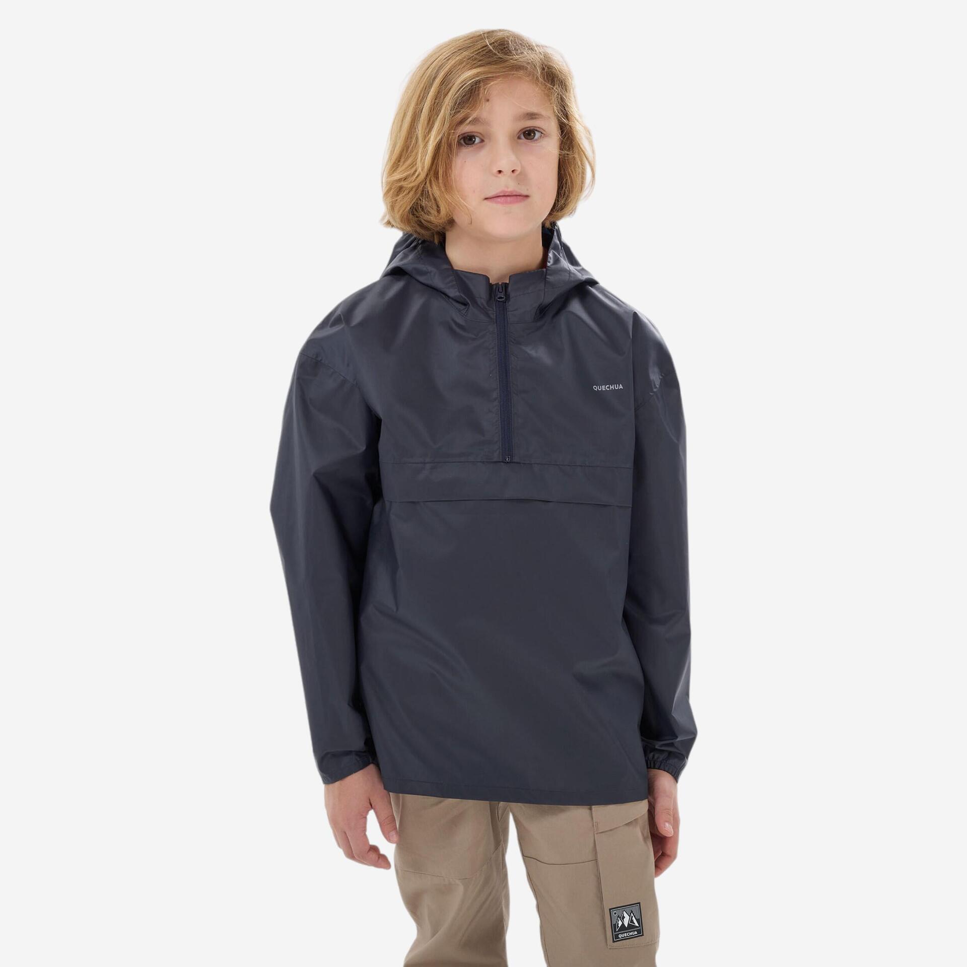 Kids’ waterproof hiking jacket, half-zip, 7-15 years, MH100 Black