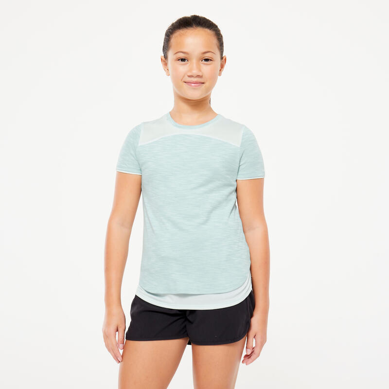 T-shirt bambina ginnastica 2 in 1 misto cotone turchese
