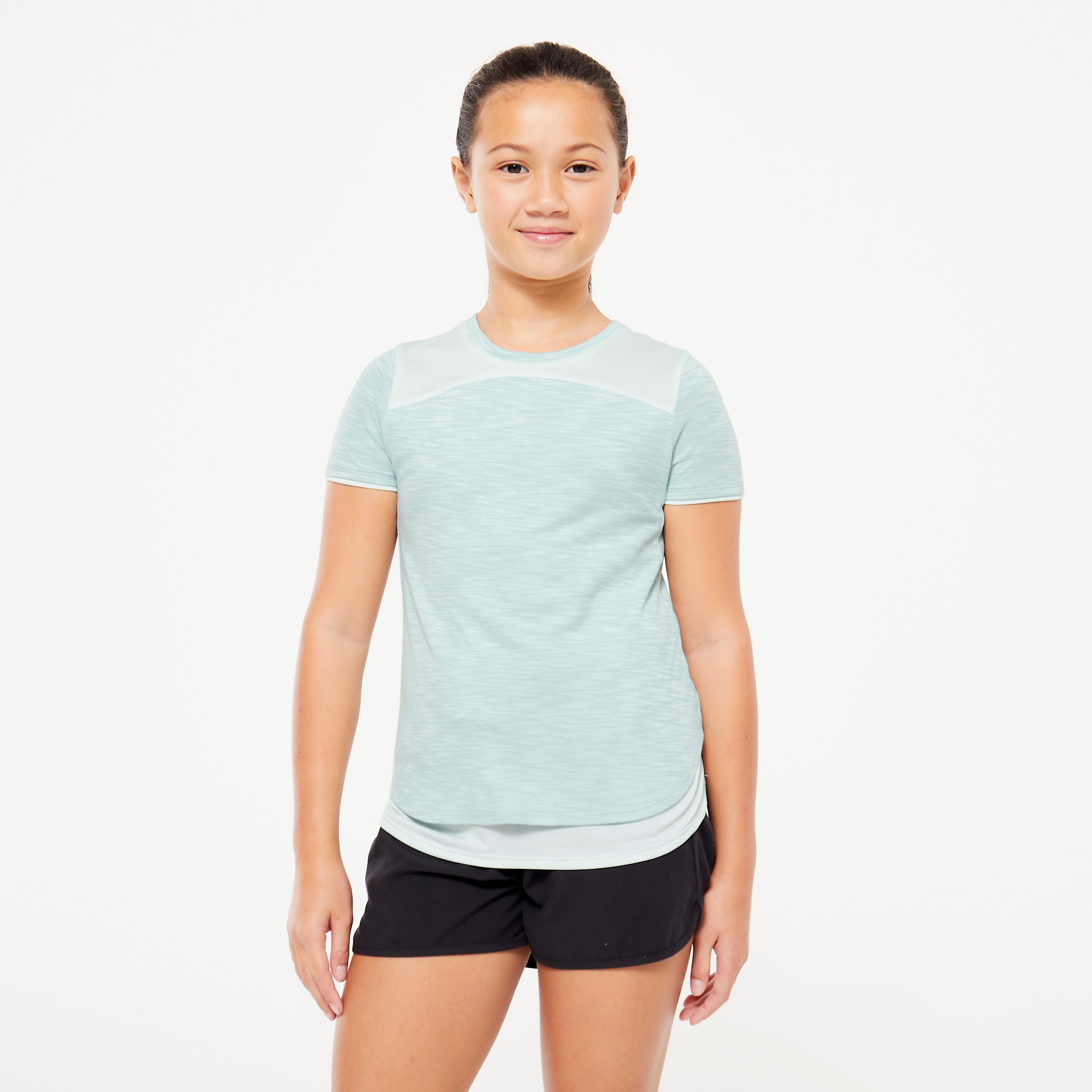 Decathlon | T-shirt bambina ginnastica 2 in 1 misto cotone turchese |  Domyos
