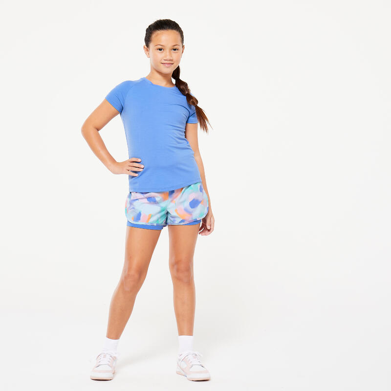 Pantaloncini bambina ginnastica W 500 2 in 1 traspiranti azzurri multicolore
