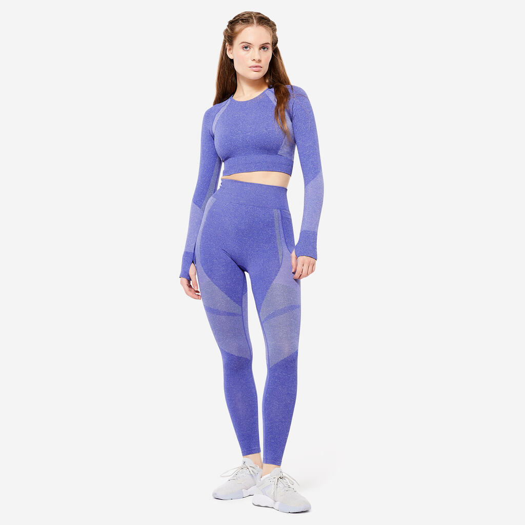Playera Crop-Top Fitness Azul Manga Larga Sin Costuras