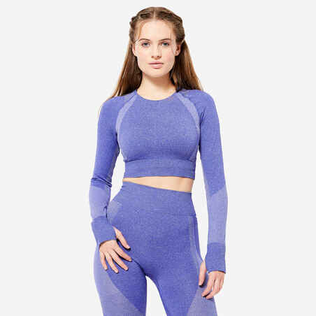 Camiseta Crop-Top Fitness Azul Manga Larga Sin Costuras