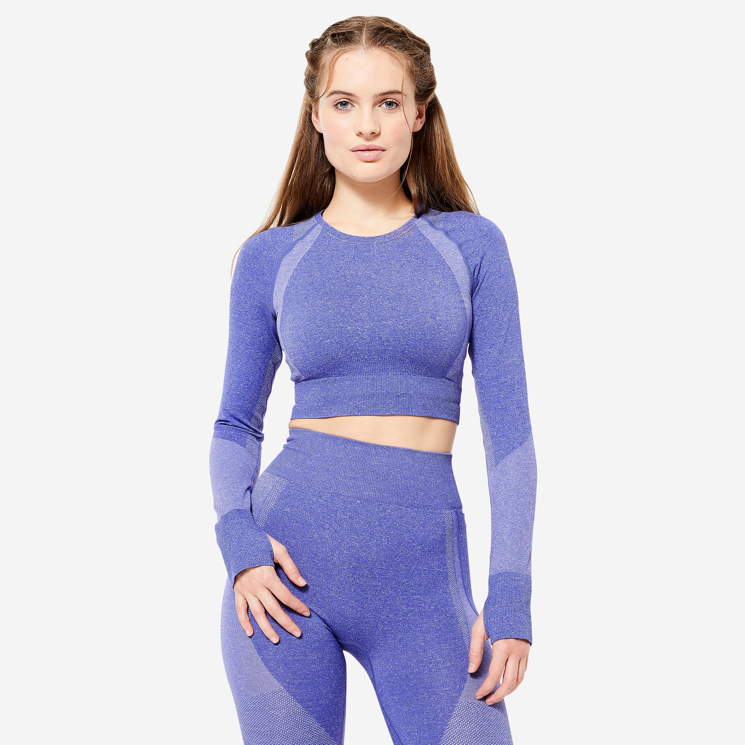 DOMYOS Long-Sleeved Cropped Seamless Fitness T-Shirt - Blue