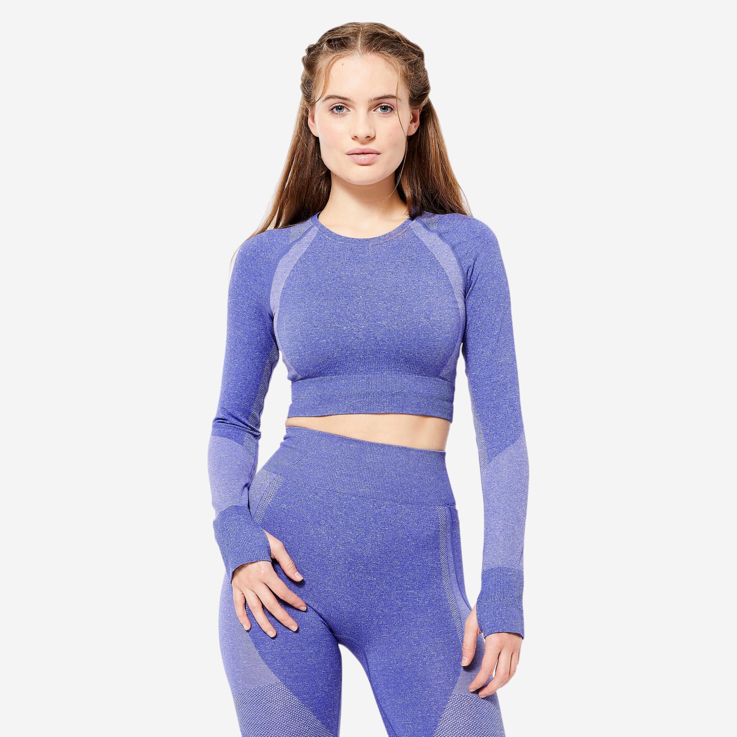 DOMYOS Long-Sleeved Cropped Seamless Fitness T-Shirt - Blue