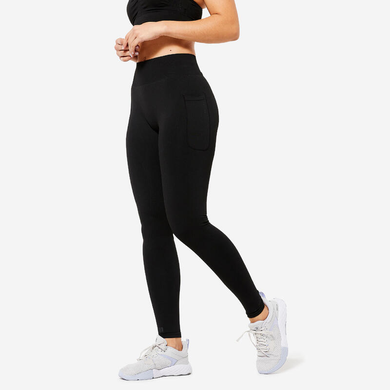 Leggings donna palestra 900 senza cuciture push-up traspiranti neri