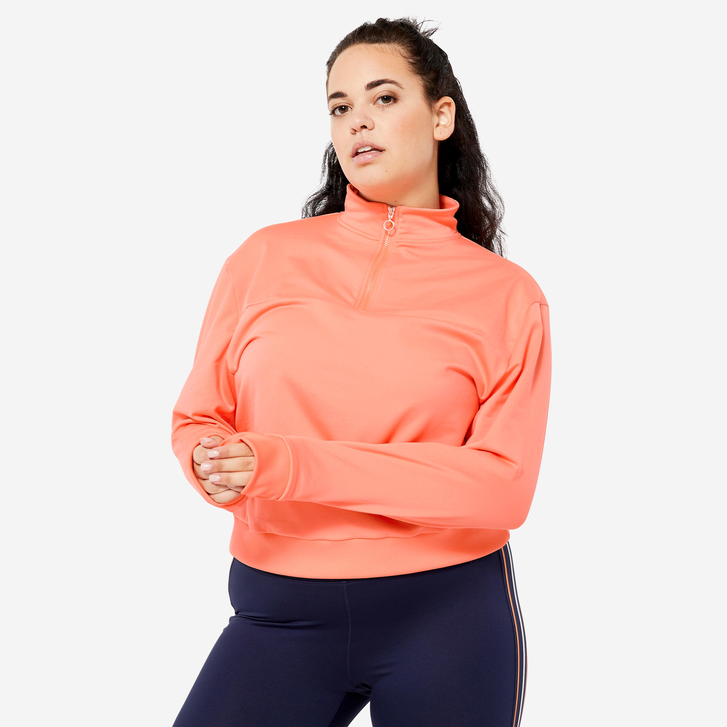 Women's Quarter-Zip Long-Sleeved Cardio Fitness Sweatshirt - Coral 1/6