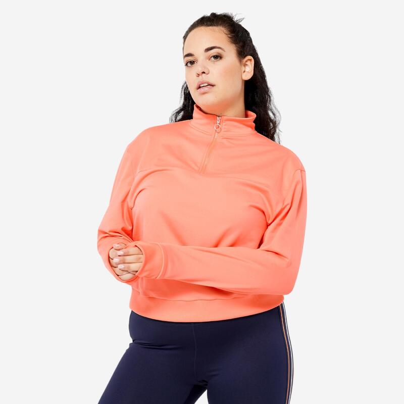 Hanorac pentru fitness mânecă lungă guler cu fermoar Roz Damă