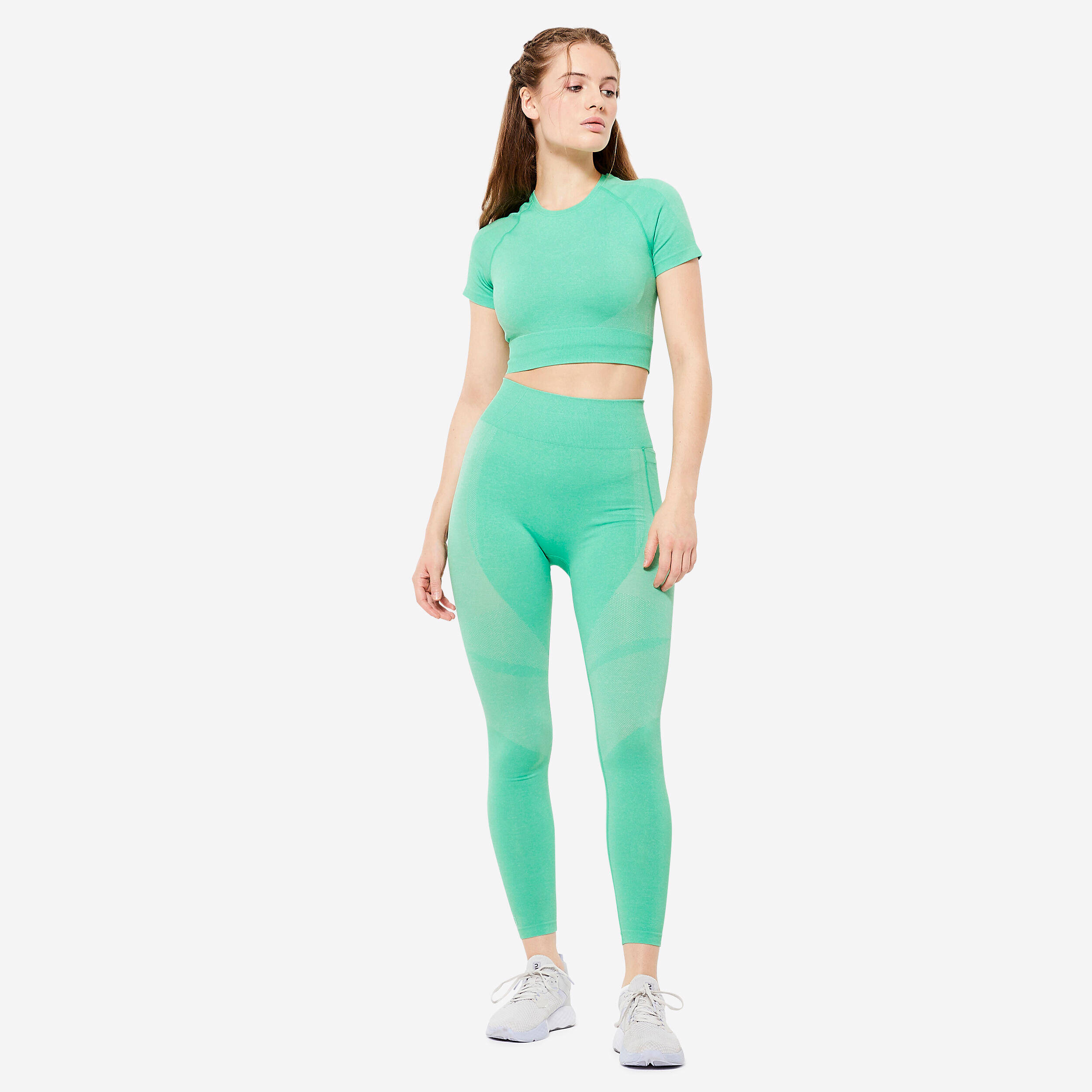 Women Gym Leggings Seamless High Waist with Phone Pocket - Green -  2