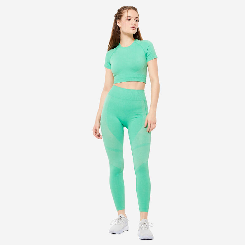 Leggings mit hoher Taille und Smartphonetasche Fitness seamless Damen - grün