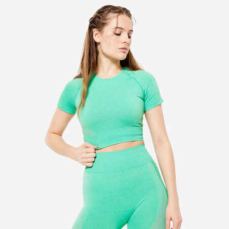Moteriški trumpi besiūliai trumparankoviai kūno rengybos marškinėliai, žali