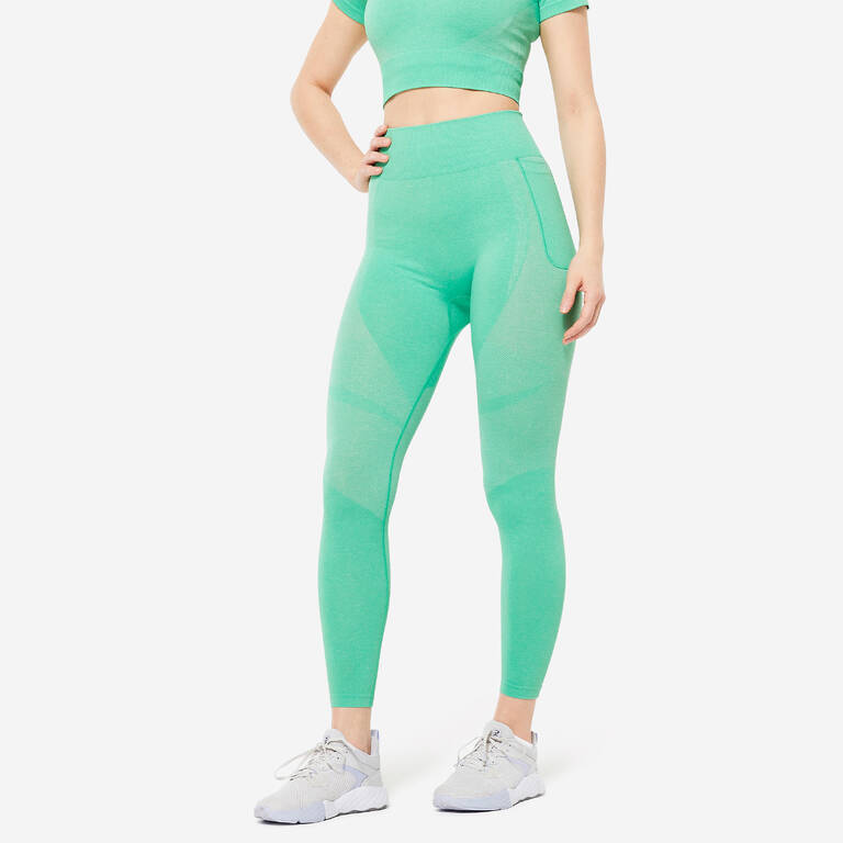 Women Gym Leggings Seamless High Waist with Phone Pocket - Green