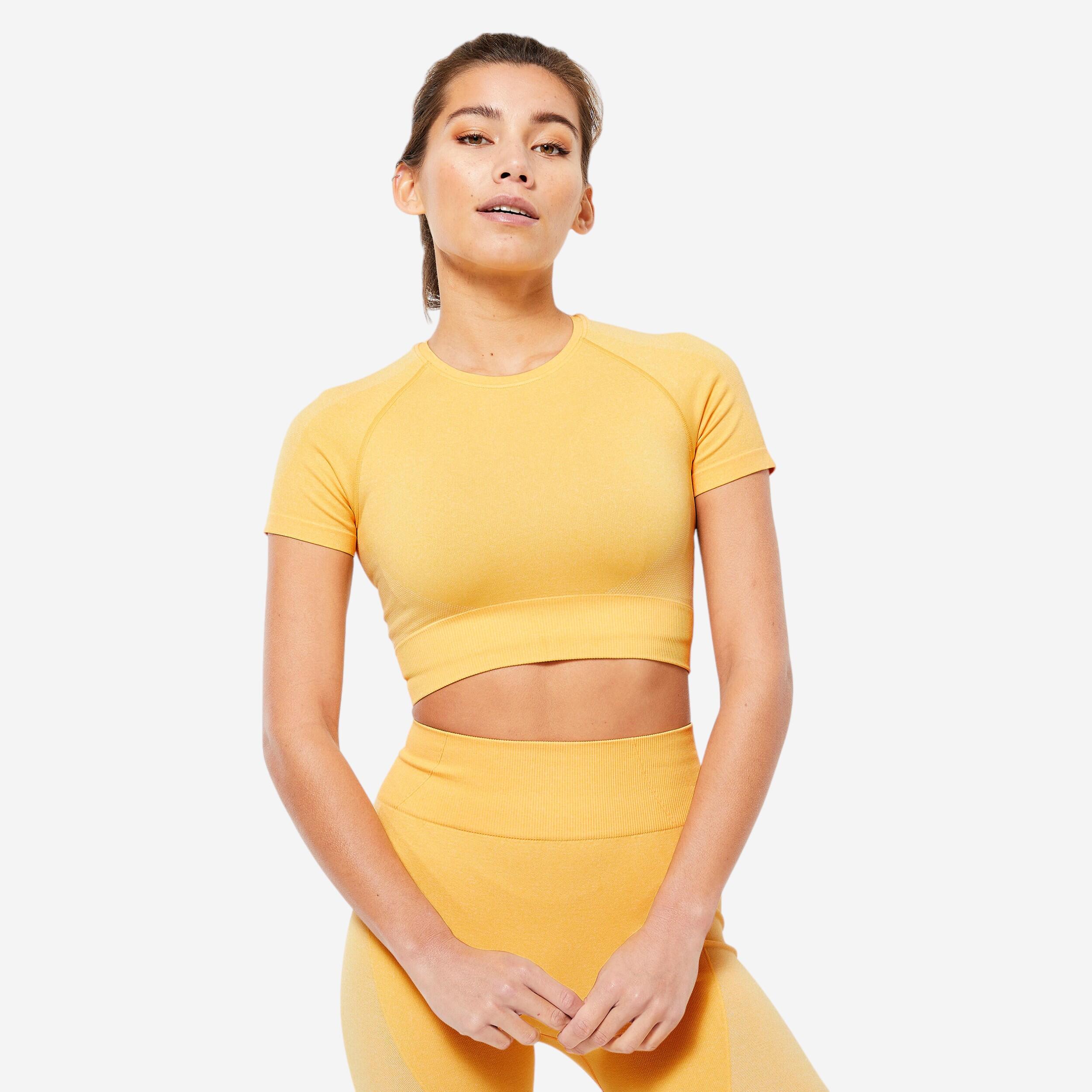 Domyos - T-shirt Crop Top Manches Courtes Fitness Seamless Jaune - T-shirt Manches Courtes - Panoplies Training Adultes - - 38 S - Decathlon