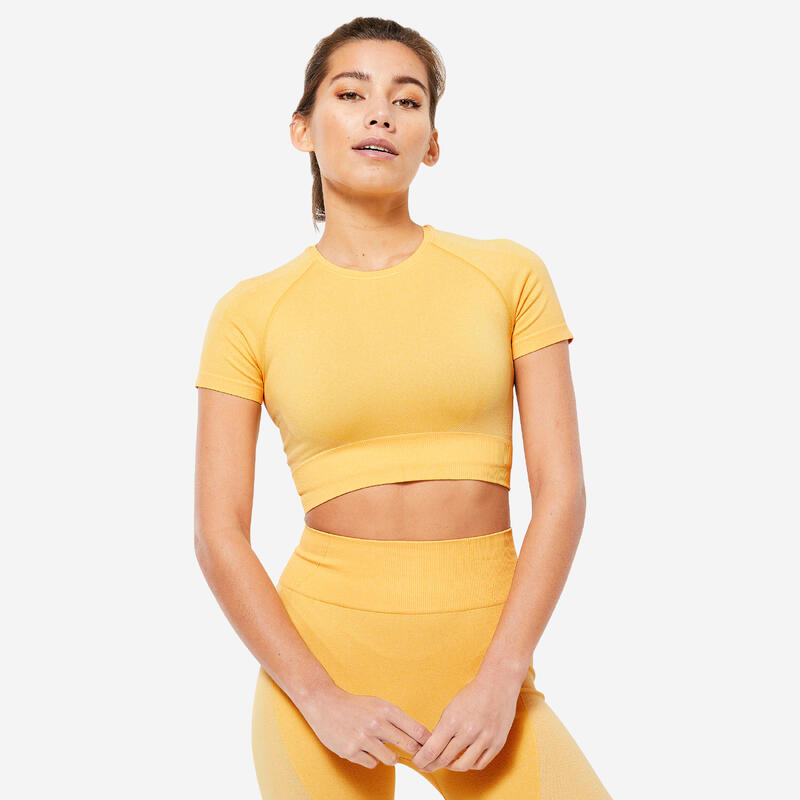 T-shirt donna palestra 900 slim fit cropped traspirante gialla