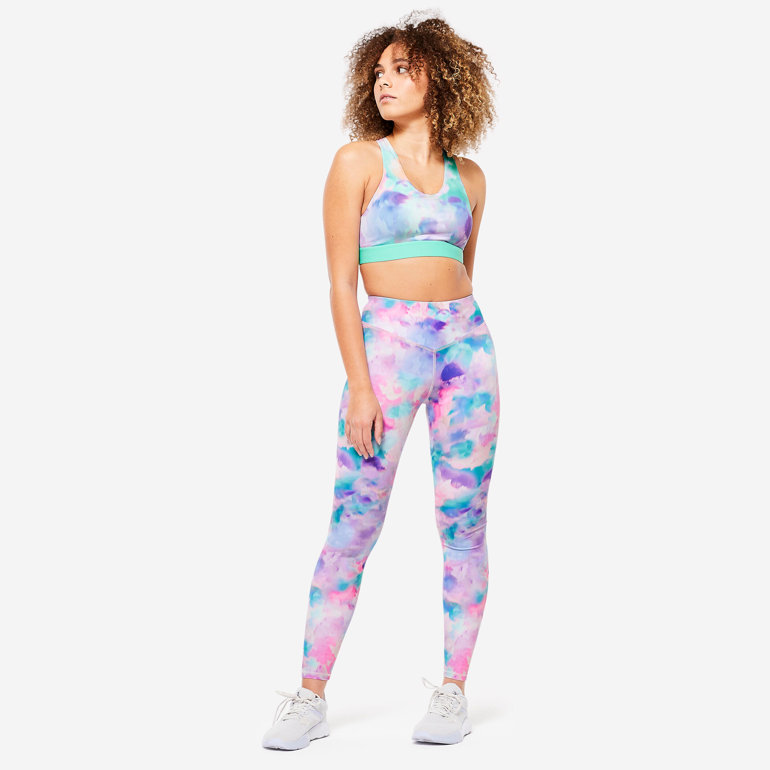 Women's high-waisted sports leggings, blue and pink print 2/7
