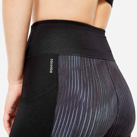 Women's Fitness Cardio Leggings with Phone Pocket - Black/Grey Print