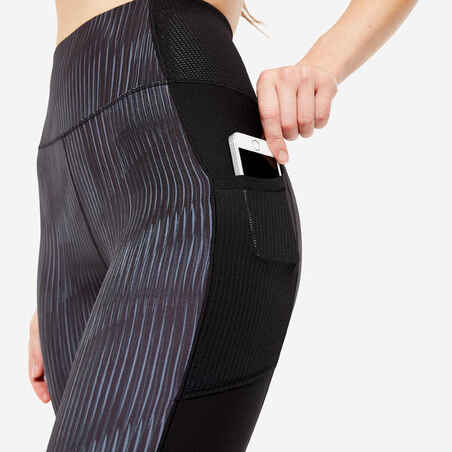 Women's Fitness Cardio Leggings with Phone Pocket - Black/Grey Print