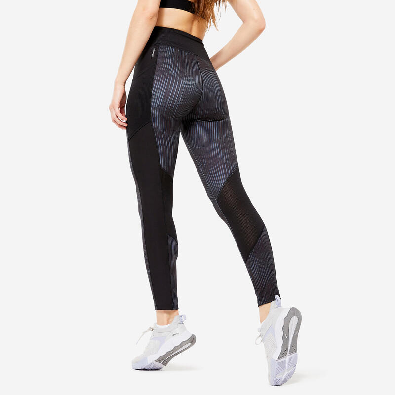 Leggings donna fitness 120 vita alta con tasca nero-grigio stampati