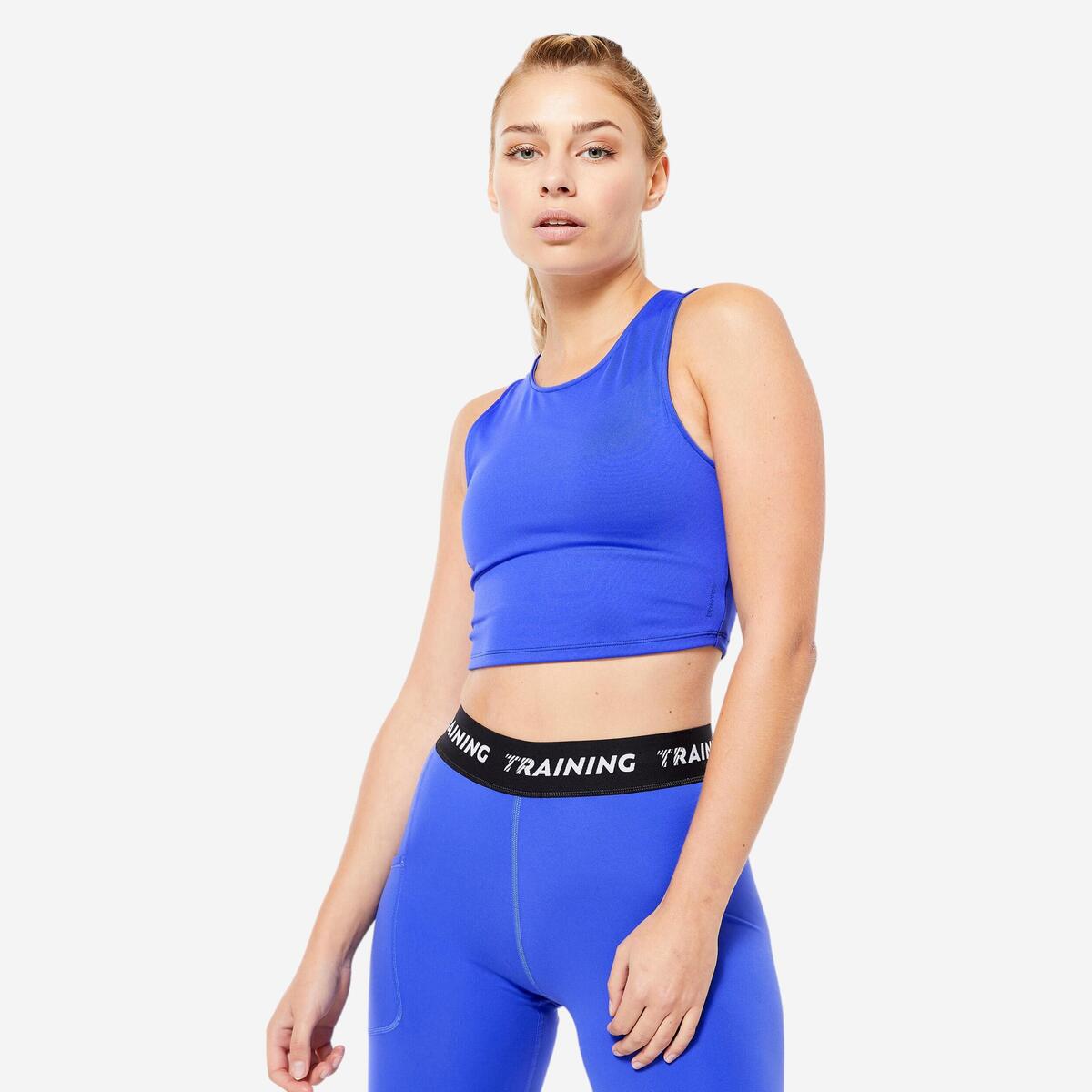 Débardeur crop top fitness femme, bleu