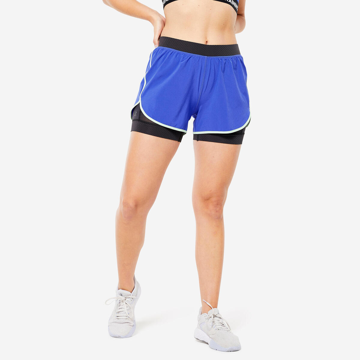 Short de fitness double couche femme, bleu électrique