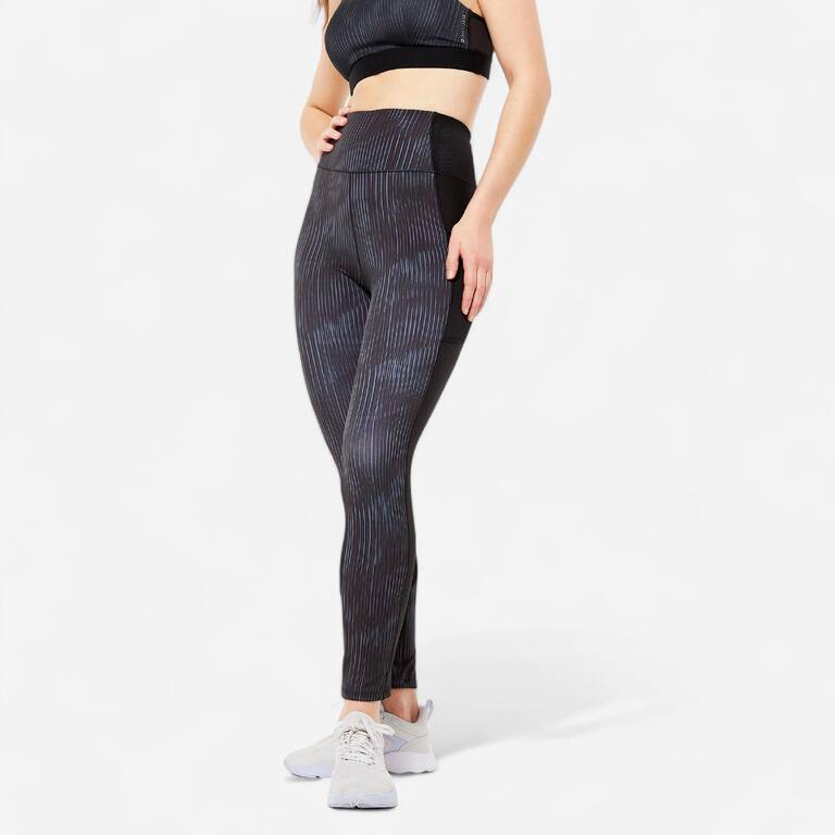 Women's Fitness Cardio Leggings with Phone Pocket - Black/Grey Print