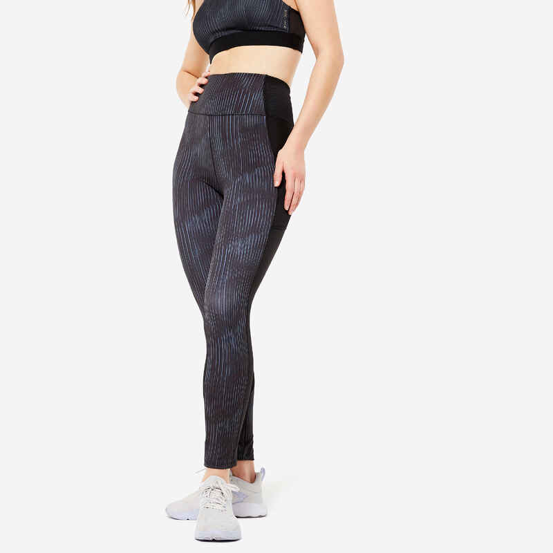 Women's Fitness Cardio Leggings with Phone Pocket - Black/Grey Print