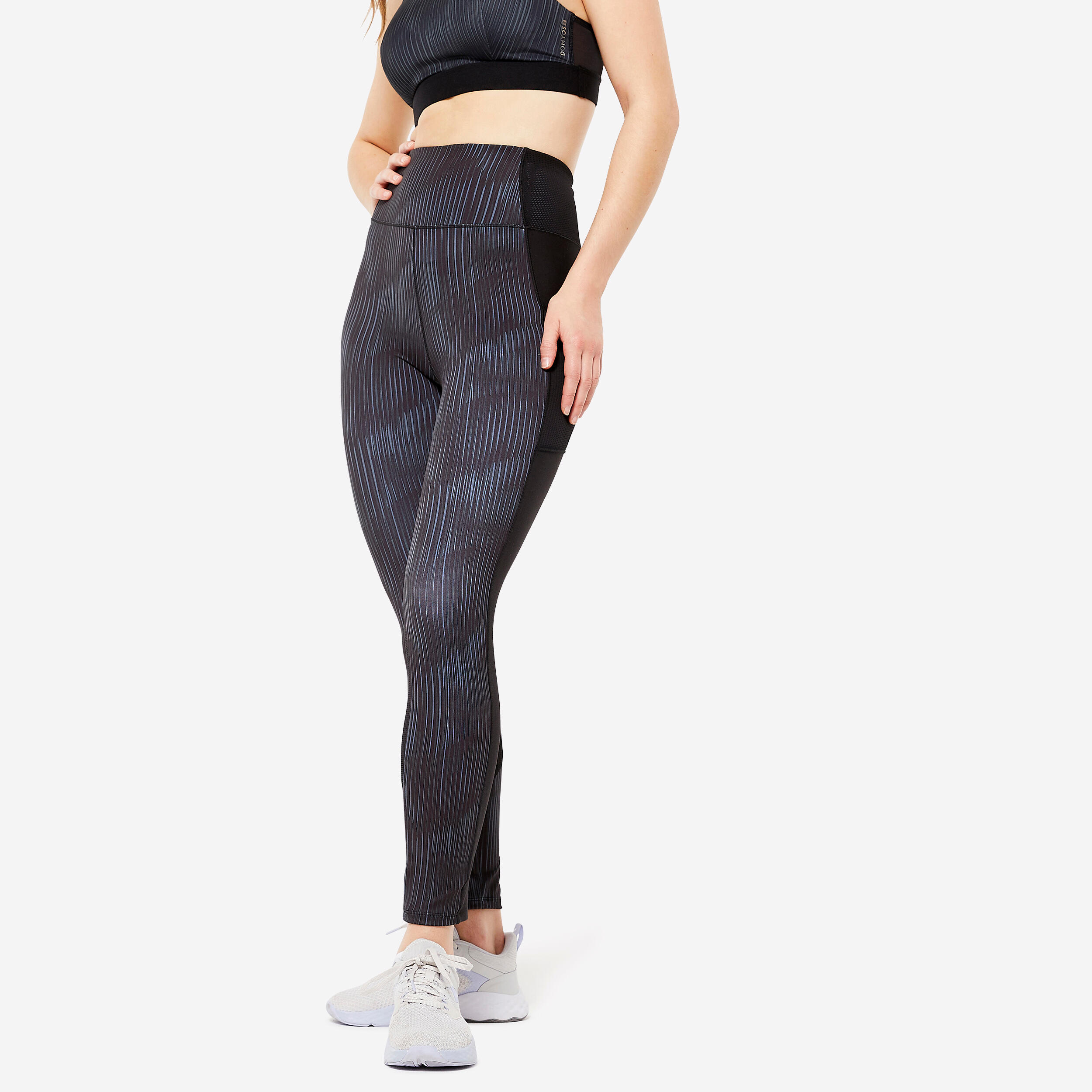 Women's Fitness Cardio Leggings with Phone Pocket - Black/Grey Print DOMYOS