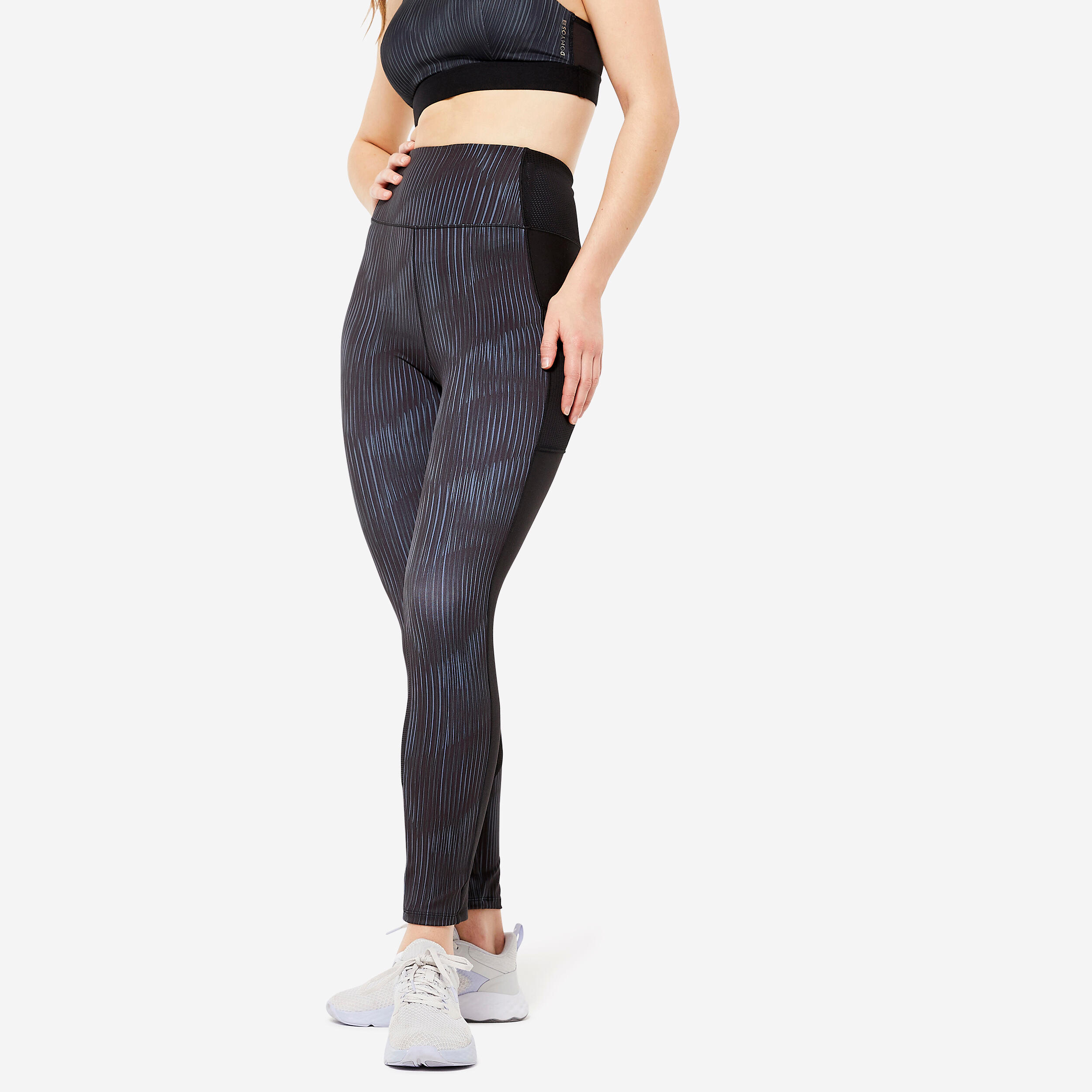 DOMYOS Women's Fitness Cardio Leggings with Phone Pocket - Black/Grey Print