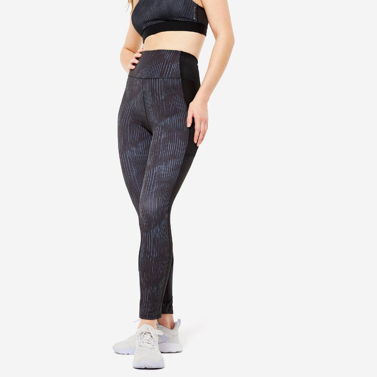 Women Gym Leggings with Phone Pocket - Black/Grey Print