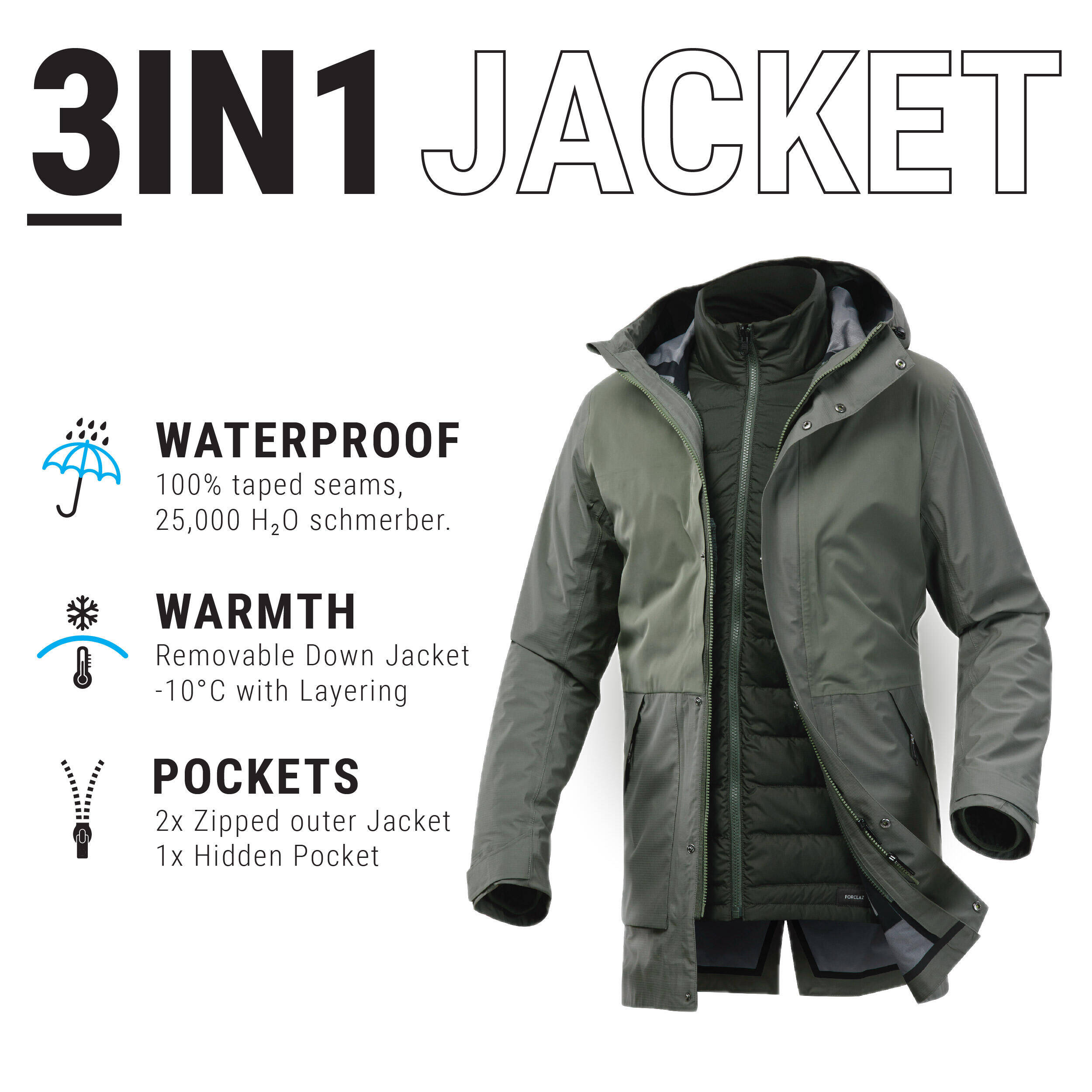 Men Travel Trekking 3-in-1 Waterproof Jacket Travel 900 -10Â°C - khaki -  3