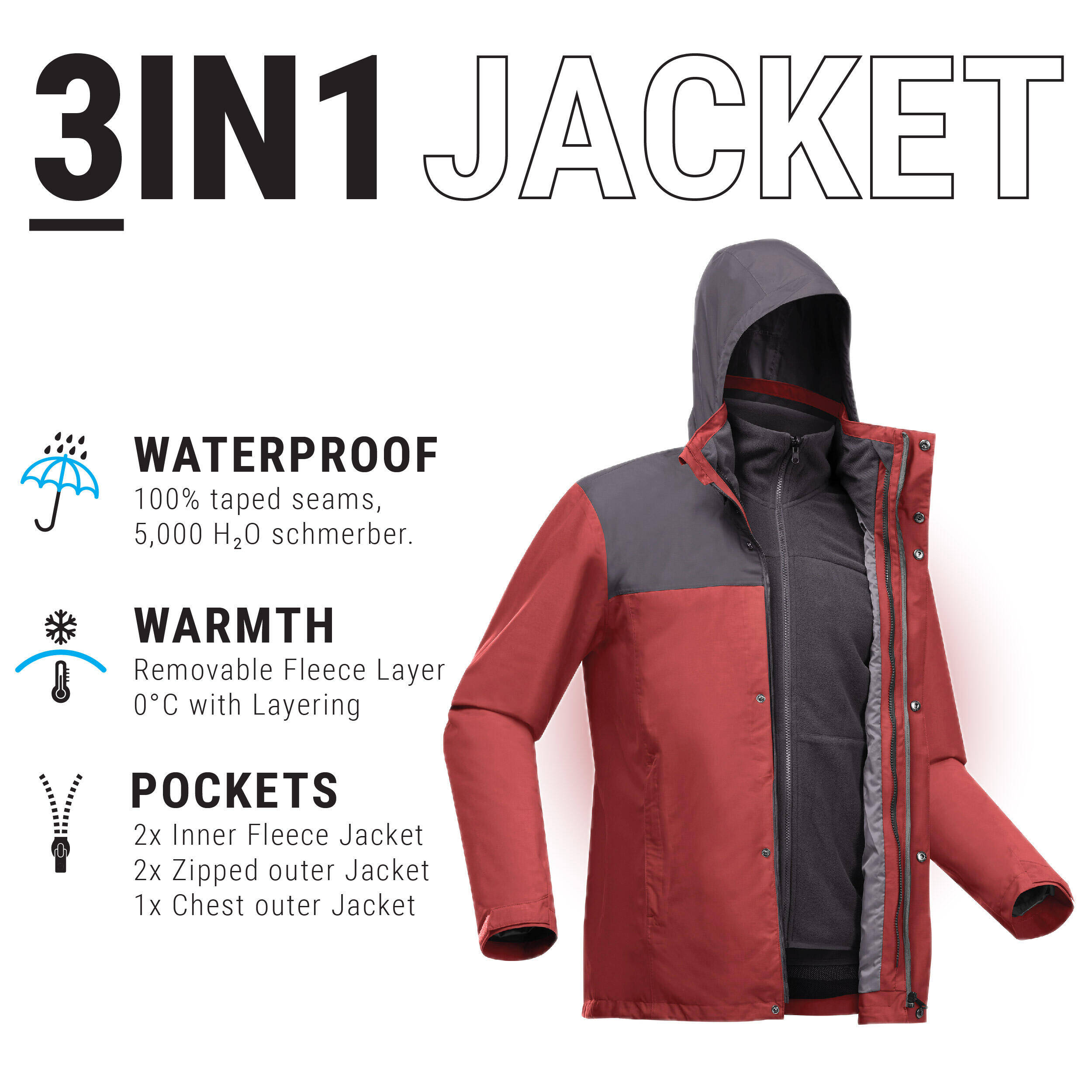 Men 3-in-1 Warm & Waterproof Jacket Travel 100 0°C - Red -  3