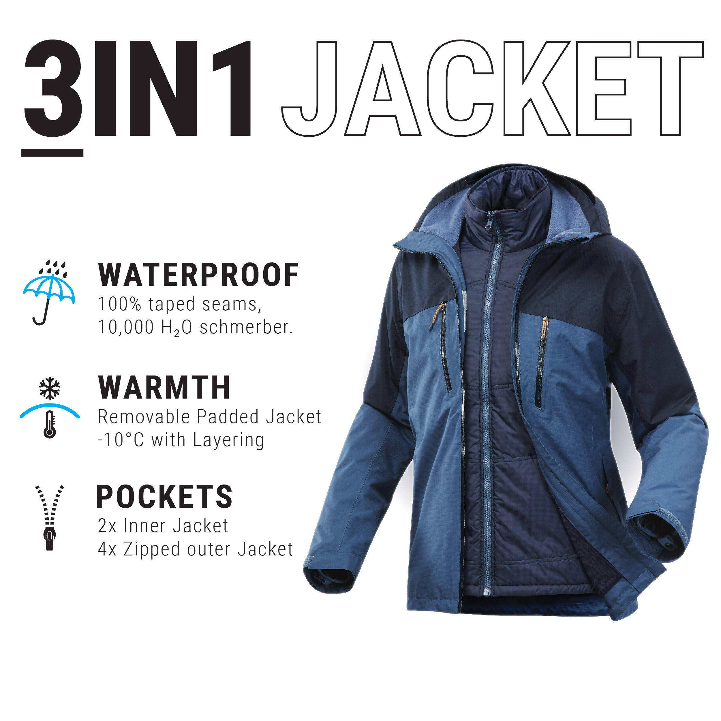 Trekking 3in1 Padded Jacket Rainwarm 500 Blue -  4