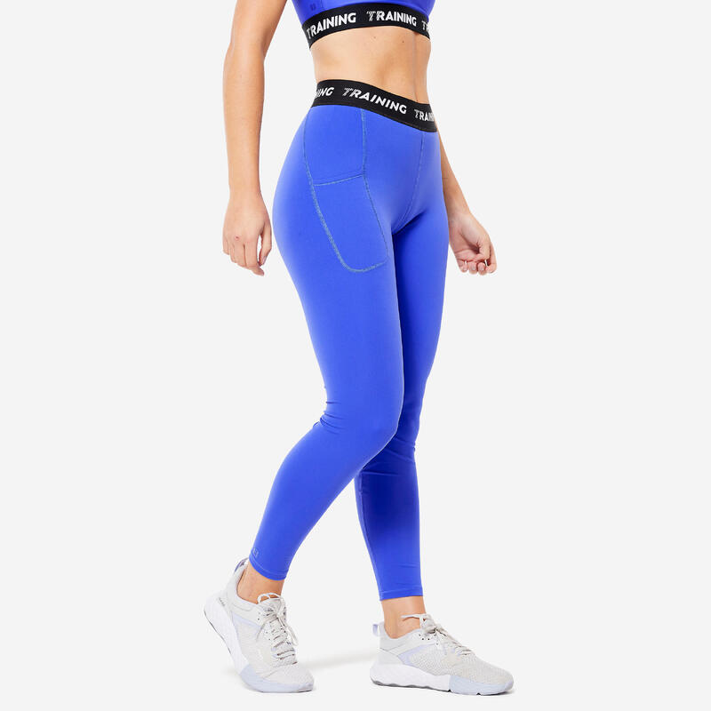 Leggings donna palestra 120 traspiranti opachi vita alta con tasca azzurri