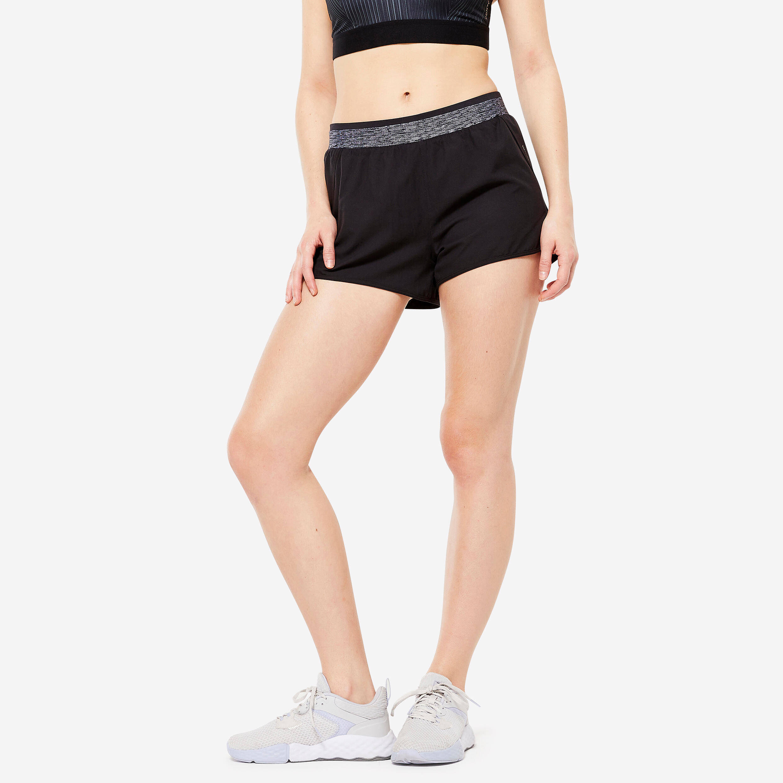 Women Gym Shorts Loose Fit - Black/Mottled Grey -  1