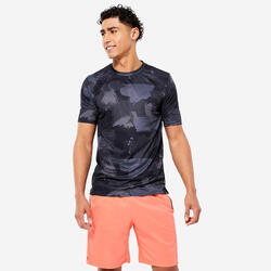 T-SHIRT DE FITNESS ESSENTIEL MANCHES COURTES RESPIRANT COL ROND - BLEU CAMO