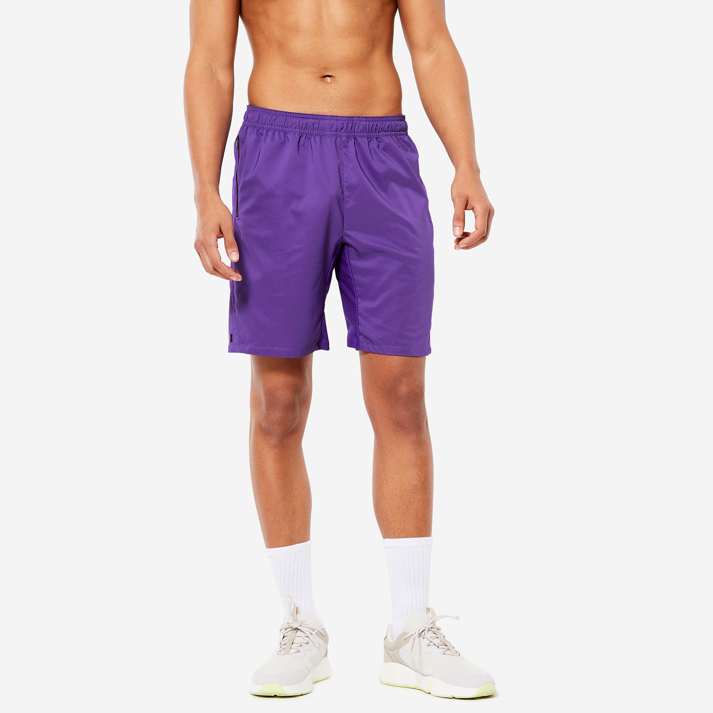 Pantaloncini da fitness con tasche con zip, viola elettrico