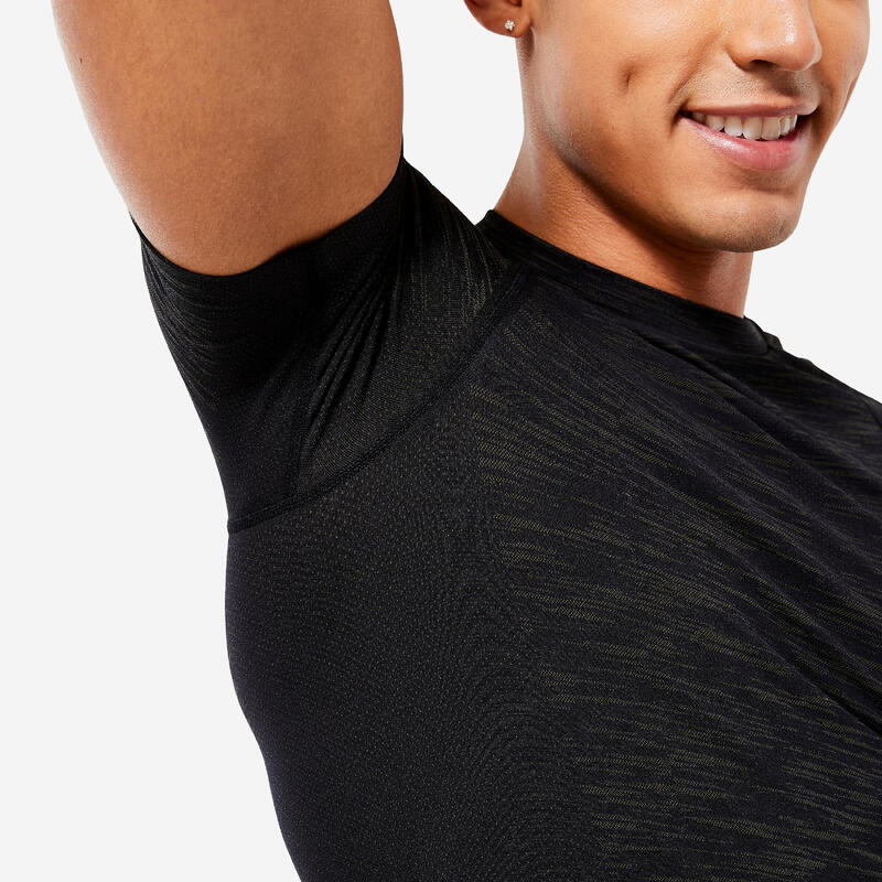 T-shirt de Compressão Respirável de Musculação com Decote Redondo Homem Preto