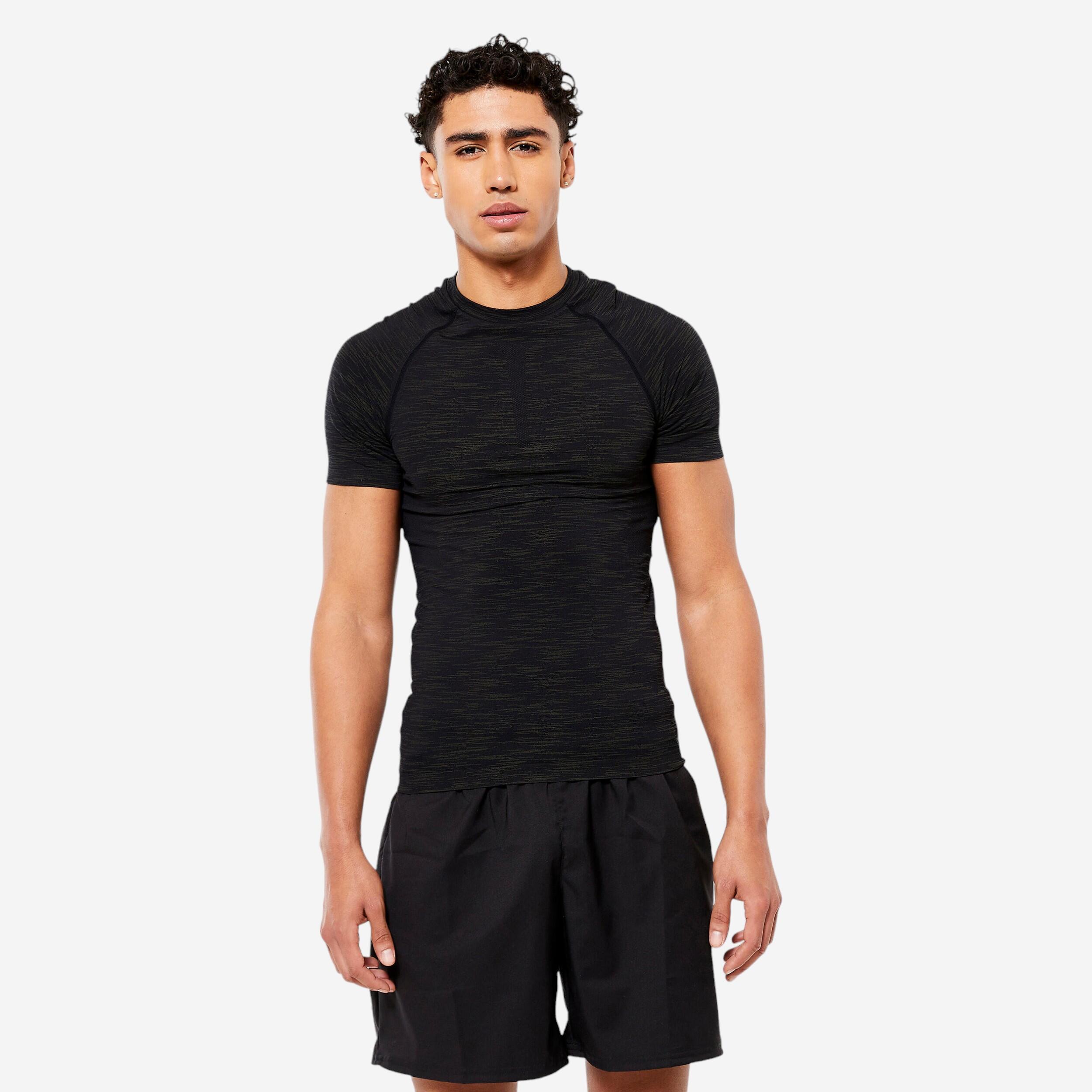 T-shirt a compressione traspirante a maniche corte da uomo con scollo rotondo - nero