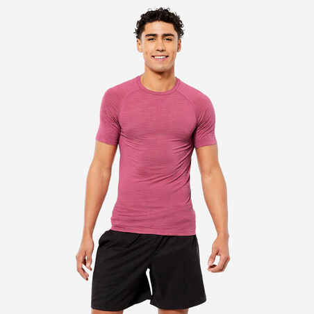 Κοντομάνικο t-shirt συμπίεσης με λαιμόκοψη, διαπνέον, για προπόνηση με βάρη - Ροζ