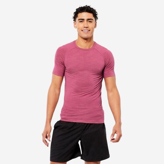 T-shirt musculation compression manches courtes respirant col rond - rose