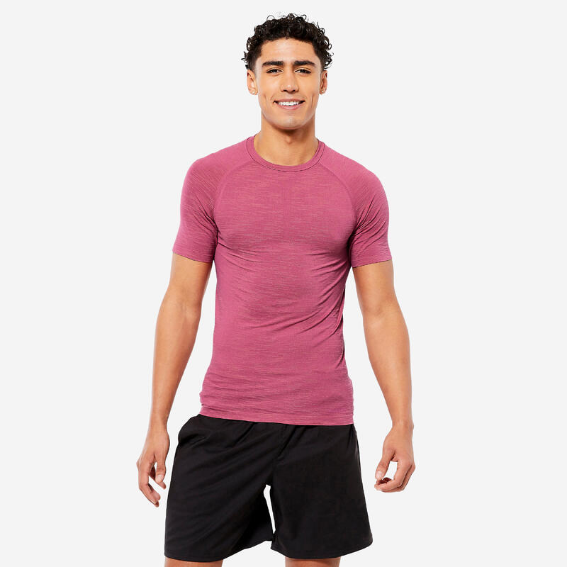 Ademend compressie-T-shirt voor krachttraining voor heren ronde hals roze