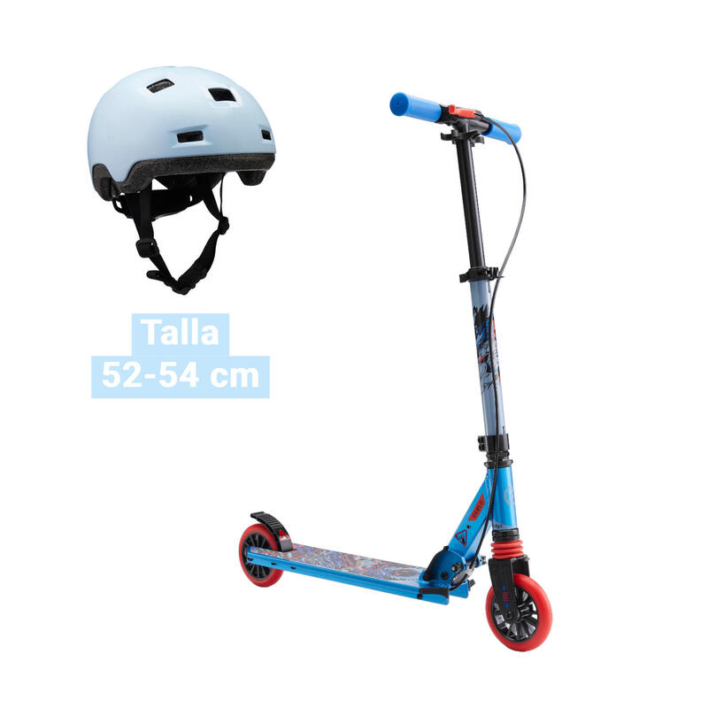 Pack Patinete Oxelo Scooter Niños MID 5 Azul + Casco Niños B100 (52-54 cm) Azul