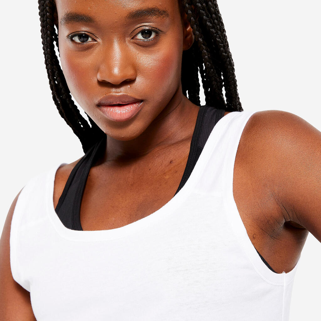 Sieviešu taisna piegriezuma fitnesa bezpiedurkņu krekls “100”, balts