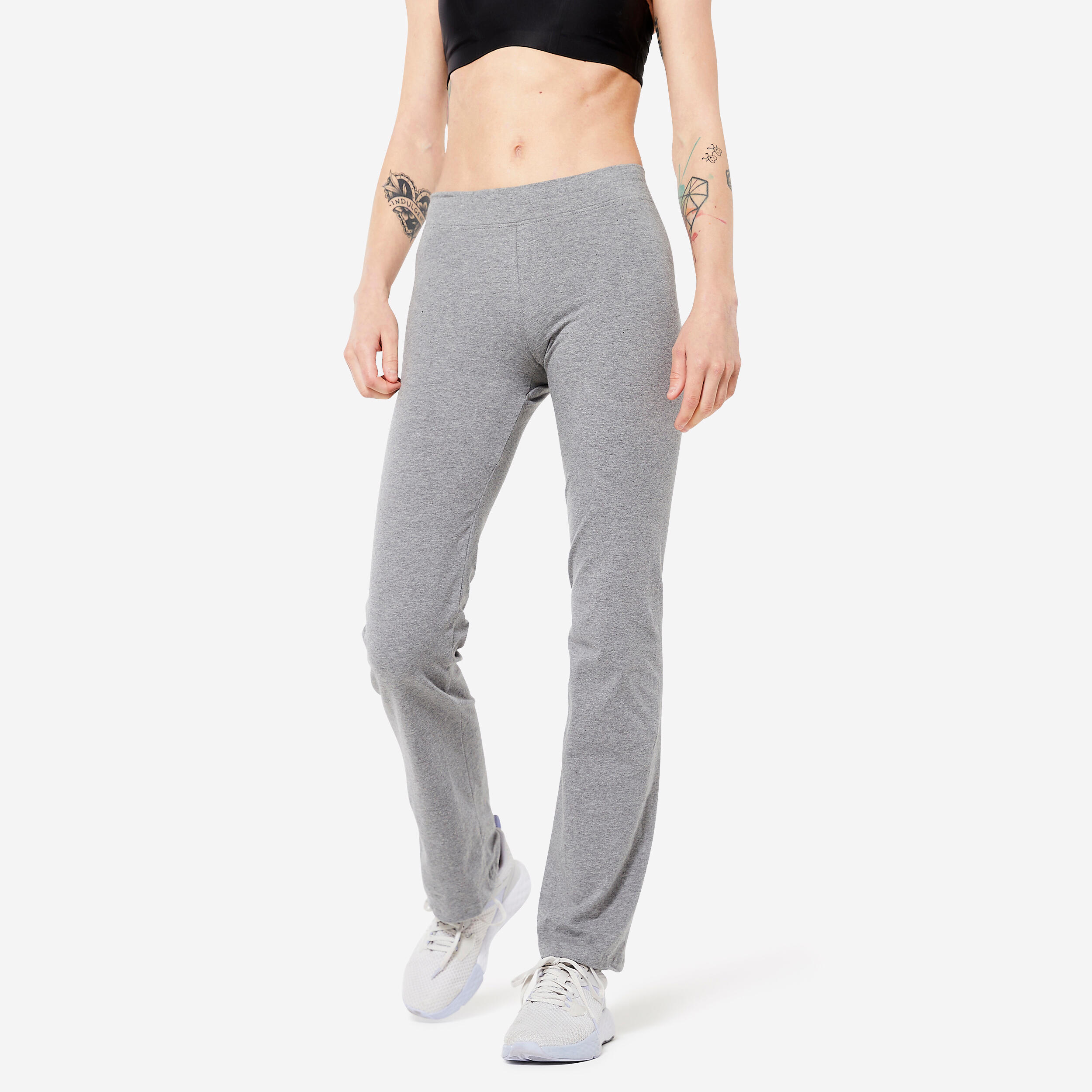 Leggings lunghi da donna in cotone elasticizzato a vita bassa per il fitness - Fit+ grigio