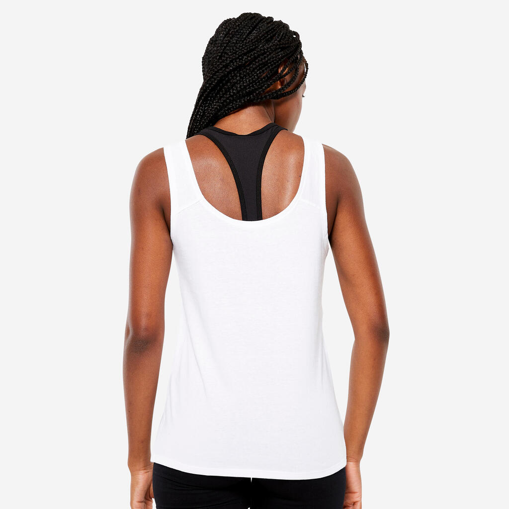 Sieviešu taisna piegriezuma fitnesa bezpiedurkņu krekls “100”, balts
